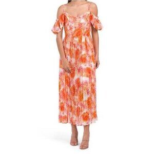 Dalia Macphee Orange Floral Cold Shoulder Floral Pleated Midi Dress Small